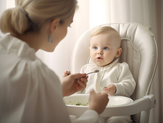 Positive young mother feeds the baby from a spoon. Baby's first food. Mom feeds a child with a spoon in a bright room.