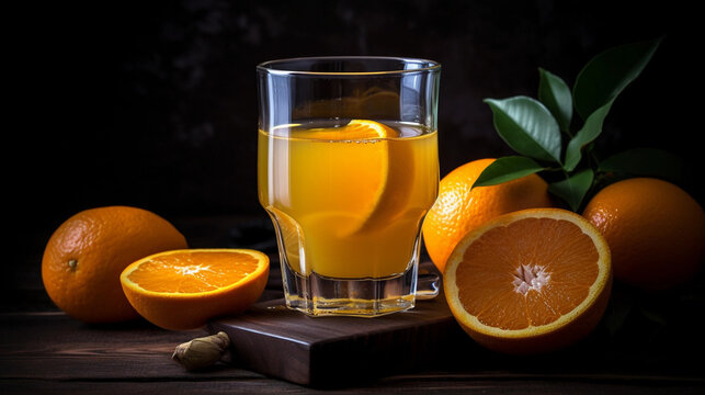 A glass of freshly squeezed orange juice, garnished with fresh orange slices