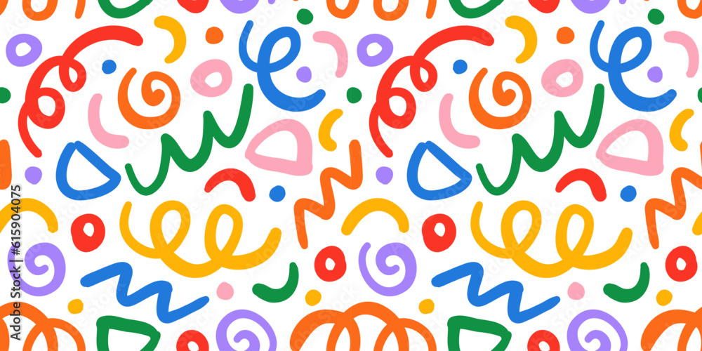 Poster Fun colorful line doodle seamless pattern. Creative minimalist style art background for children or trendy design with basic shapes. Simple party confetti texture, childish scribble shape backdrop.
