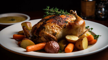 A plate of deliciously aromatic garlic roasted chicken, accompanied by sautéed vegetables