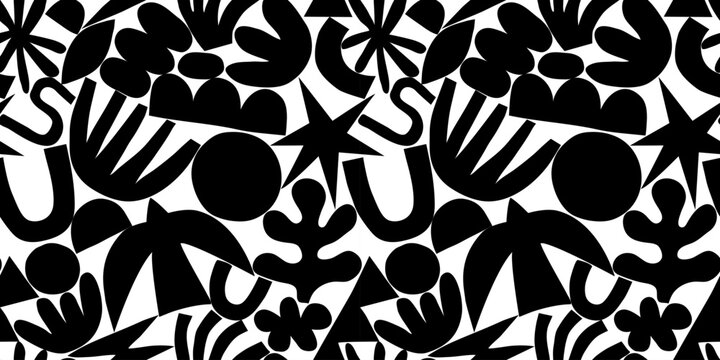 Abstract modern art seamless pattern with black and white doodles. Organic flat cartoon background, simple summer shapes in childish style. 