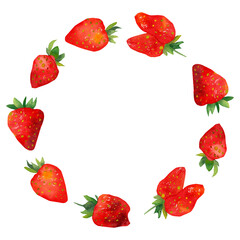 Watercolor round frame with strawberries highlighted on a white background. Summer berries, a print for printing on postcards.