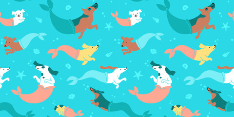 Fototapeta na wymiar Funny dog mermaid swimming underwater cartoon seamless pattern in flat illustration style. Cute summer puppy pet group in beach background texture. Under water sea dogs wallpaper print.