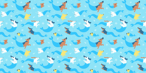 Funny dog mermaid swimming underwater cartoon seamless pattern in flat illustration style. Cute summer puppy pet group in beach background texture. Under water sea dogs wallpaper print.