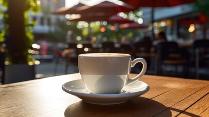 Sunny latte moment on wooden bistro table. Morning coffee bliss at outdoor cafe table in sunlight.