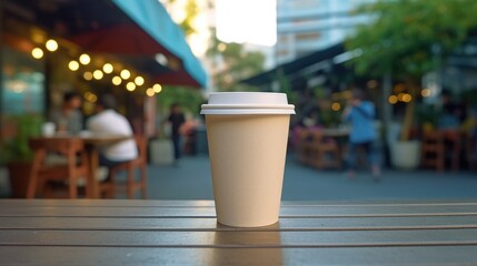 Paper cup of coffee in the morning. Bokeh background of street bar restaurant, outdoor. People sit chill out and hang out and listen to music together in avenue. Happy life.
