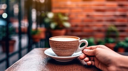 Fototapeta na wymiar Woman's hand with coffee in paper cup, coffee shop view background