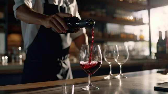 Close up shot of a bartender pouring red wine into a glass. Hospitality, beverage and wine concept.