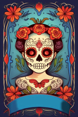 Day of the dead, Dia de los muertos holiday poster. Illustration AI Generative