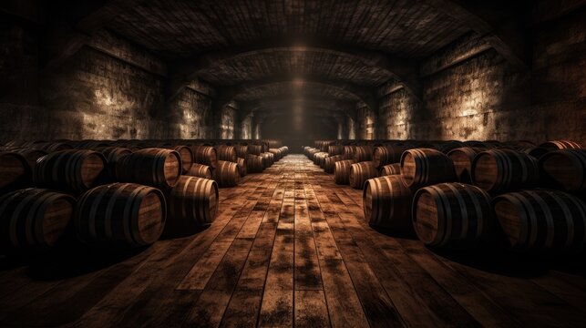 Very old wine barrells lying in the center of a huge dark empty space.