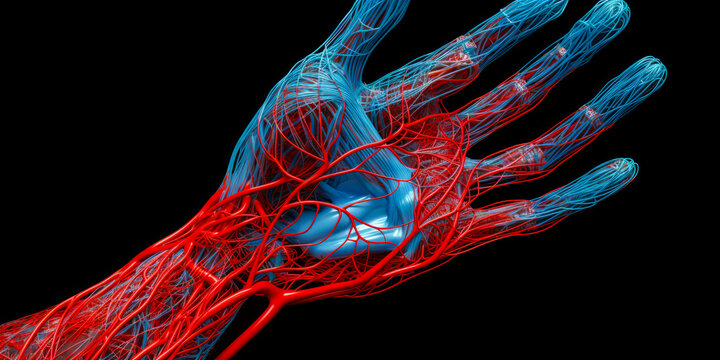 Captivating 3D close-up of human cardiovascular system with vivid red arteries and blue veins contrasting a monochrome background, evoking the body's intricate design. Generative AI
