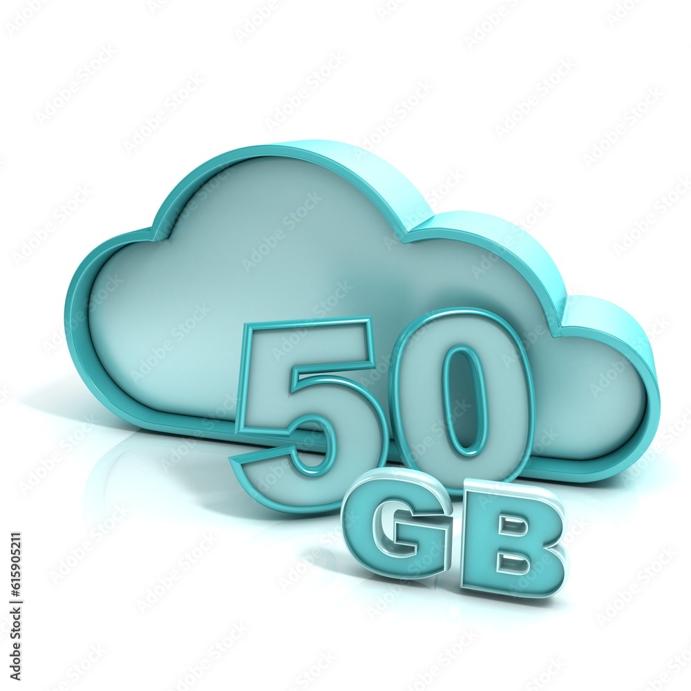 Poster cloud computing and database. 50 gb capacity. concept of online storage. 3d render illustration isol