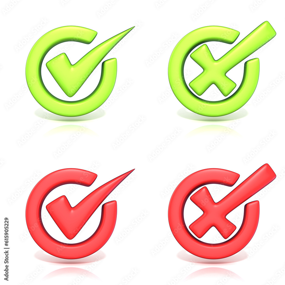 Poster correct and incorrect check marks in circle. 3d render illustration isolated on white background