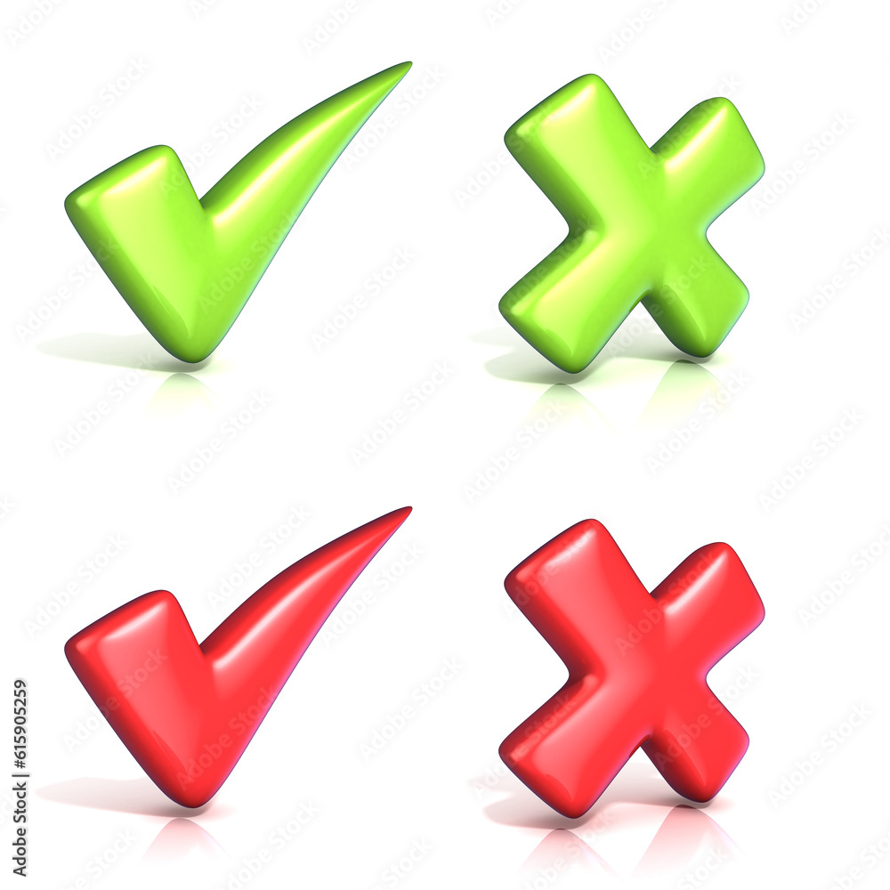 Poster correct and incoorrect check marks. 3d render illustration isolated on white background