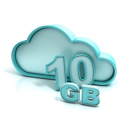 Cloud computing and database. 10 GB capacity. Concept of online storage. 3D render illustration isolated on white background