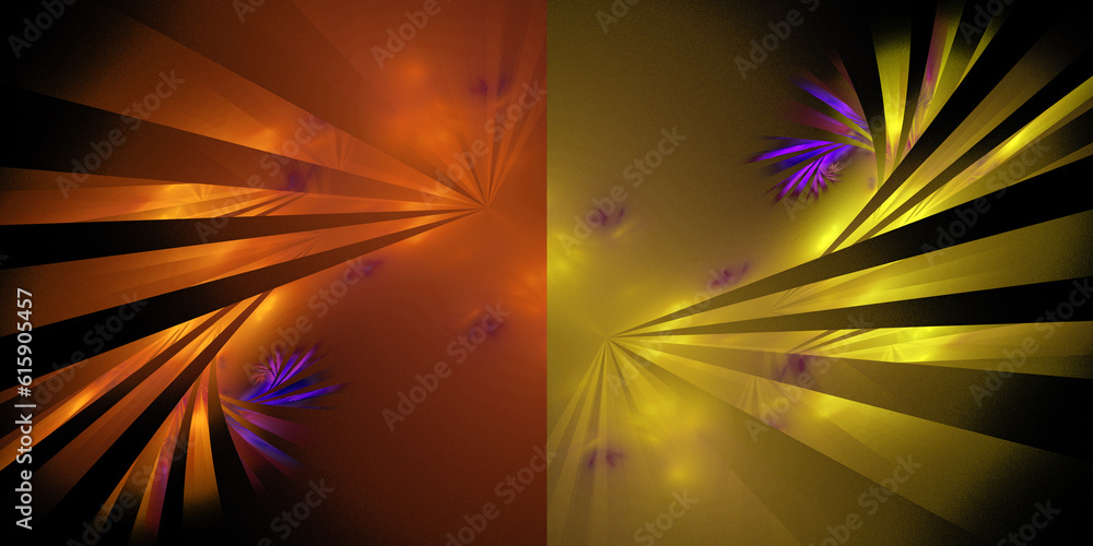 Poster orange and yellow rays are wrapped in a spiral at the end of which is an inflorescence. two abstract