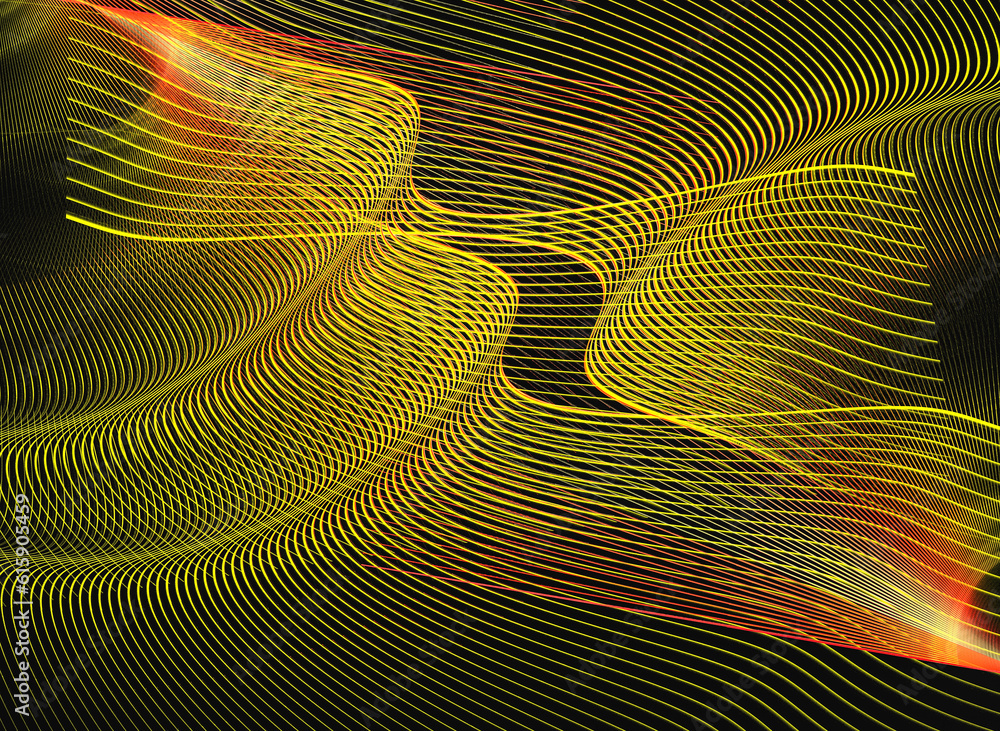 Poster yellow wavy lines create planes that intersect on a black background. abstract fractal background. 3