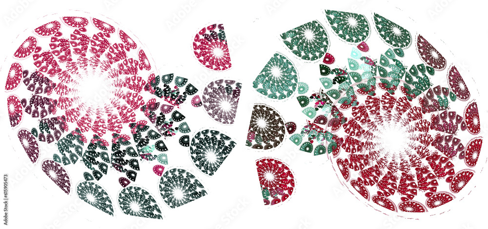 Poster a pattern of red and green spirals that look like flowers. graphic design elements. set. 3d renderin