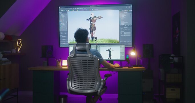 Young creative 3D designer creates video game character or animation, works remotely at home office. Computer and big digital screen with professional software interface for 3D modeling and design.
