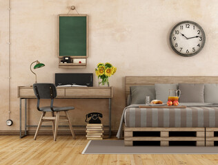 Detail of a retro master bedroom with pallet bed and desk with chair - 3d rendering