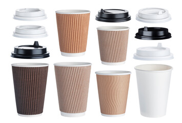 Disposable paper coffee cup isolated on white background with clipping path. Collection