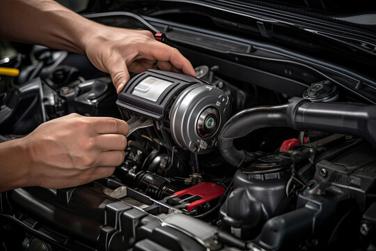 someone working on a car's engine with the help of an auto tuner tool in their right hand