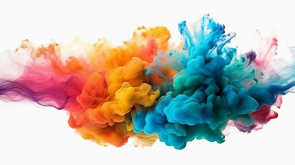 Fototapeta premium Colorful rainbow cloud explosion on white background. Paint puff of smoke abstract splatter art background