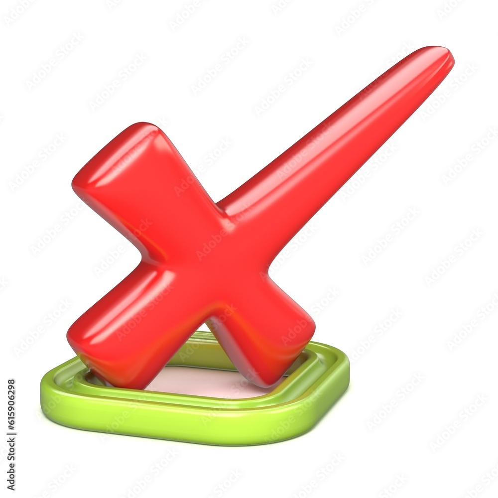 Poster red incorrect check mark in green square. 3d render illustration isolated on white background