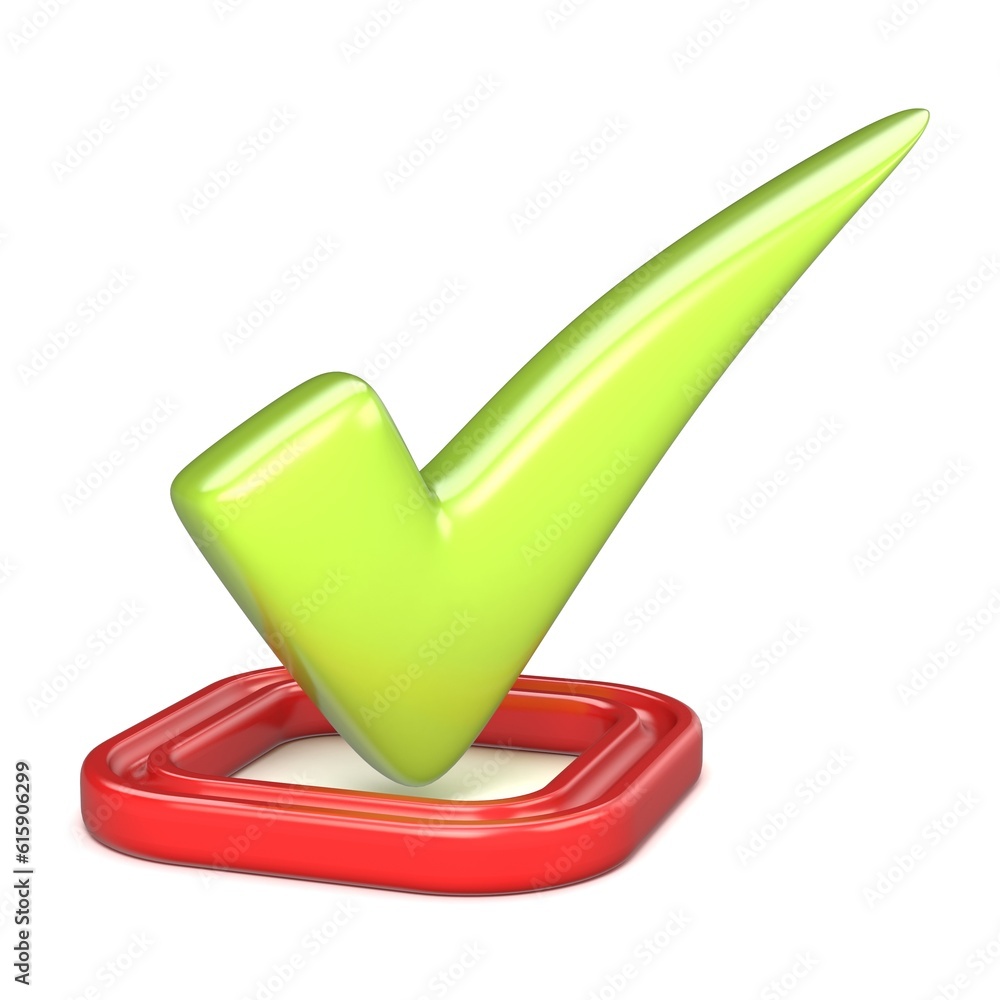 Poster green correct check mark in red square. 3d render illustration isolated on white background
