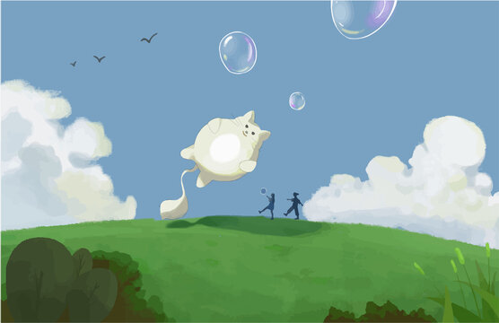 Friends blowing big fluppy cat balloon and bubbles in air on the field digital art illustration 