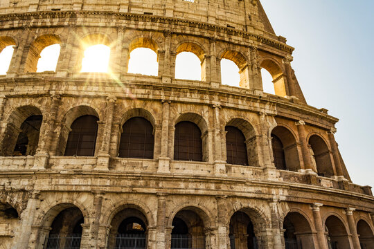 Colosseum closeup view, the world known landmark of Rome. Also known as the Flavian Amphitheatre is an oval amphitheatre in the centre of the city of Rome, Italy.