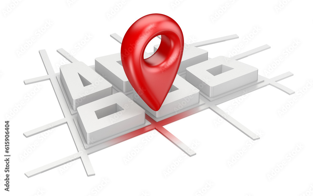 Poster red map pointer on city plane navigation concept 3d render illustration isolated on white background