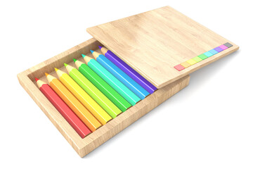 Wooden box with colorful pencils. 3D render illustration isolated on white background