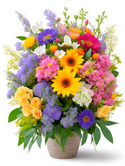 Obraz premium Un ramo de flores coloridas sobre un fondo blanco aislado. Vista de frente y de cerca. IA Generativa