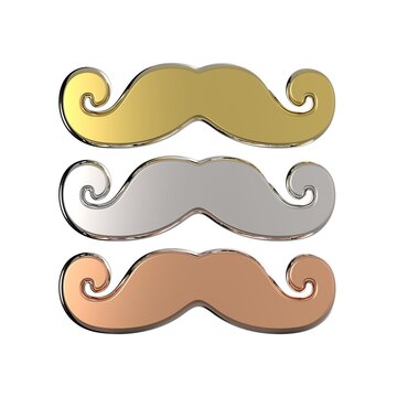 Gold, silver and bronze mustache. 3D render illustration isolated on white background
