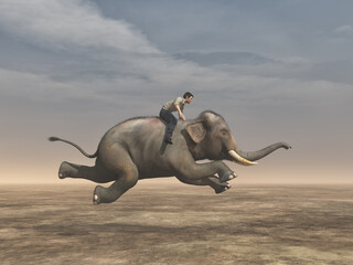 Surreal image of a man riding an elephant - 3d render