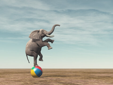 Surreal image of an elefant balancing on a beach ball - 3d render illustration