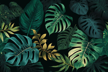 green tropical leaves on dark background. created with generative AI technology