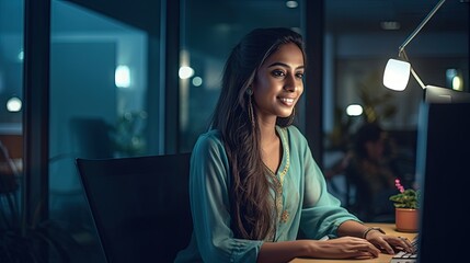 Young indian woman working in office  with passion  of happiness generative ai  - obrazy, fototapety, plakaty