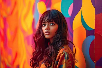Fototapeta na wymiar portrait of an Indian woman colorful background generative ai