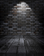 3D render of a wooden table looking out to a brick wall