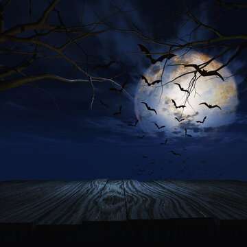 3D render of a wood table against a Halloween night landscape
