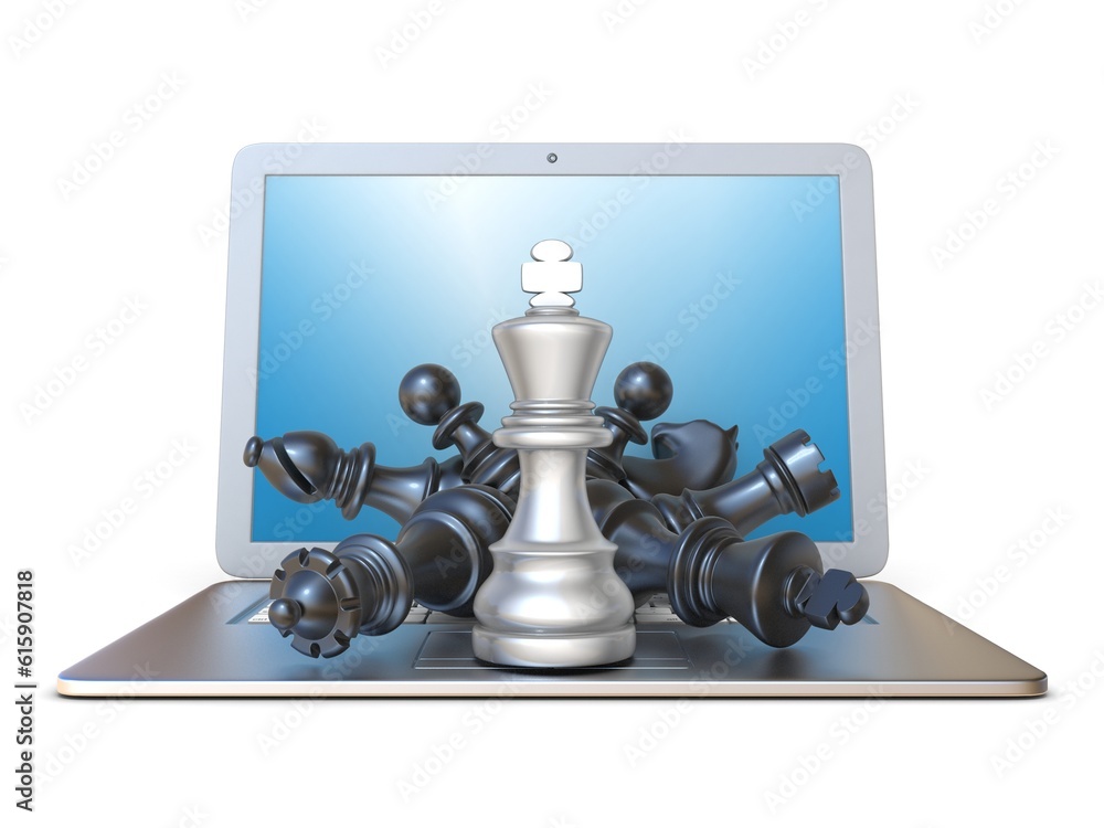 Poster chess pieces on open laptop front view 3d render illustration isolated on white background