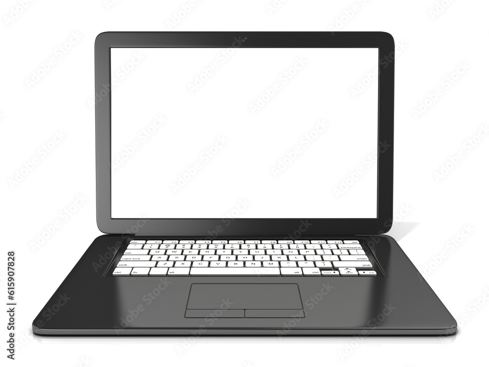 Poster black laptop with blank screen. 3d rendering isolated on white background