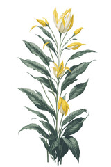 Tropical leaves and flower with bird and insect. Beautiful bouquet. Watercolor hand-drawn illustration.