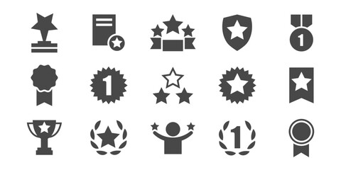 Set with award, award with number 1, one, trophy cup, trophy cup with star, winner medal, trophy star, user with rating vector icon 