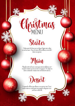 Christmas menu with snowflake and baubles design