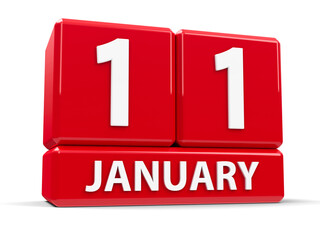 Obraz premium Red cubes - The Eleventh of January - on a white table - International Thank You Day, three-dimensional rendering, 3D illustration