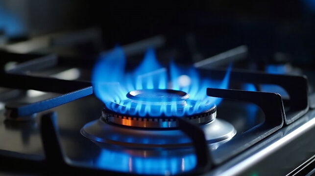 Close-up natural gas flame. Gas flame on dark background. Blue flames from gas stove burner. Generative ai