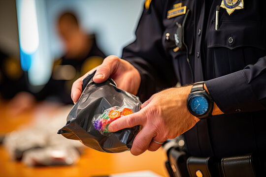 a police officer putting something in a bag on the table with other officers sitting behind him and looking at it